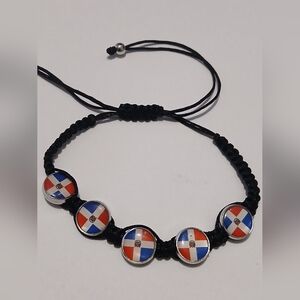 Handmade Dominican Flag  Black Rope  Cord Adjustable Bracelet Dominican Republic